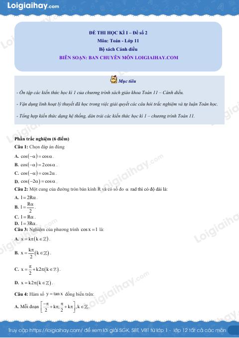 Đề thi học kì 1 Toán 11 Cánh diều - Đề số 2